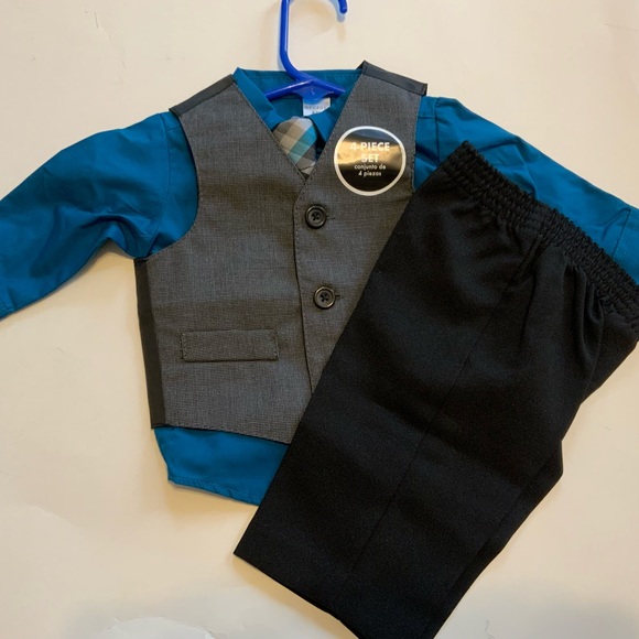 GREY BLUE MIX 4 PC SHIRT TIE PANTS VEST DRESSY SIZE 0-3 MOS SUIT SET - Picture 3 of 5